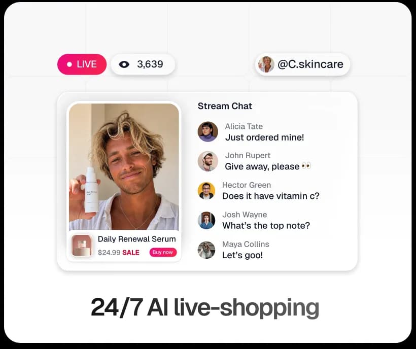 TwinTone product card: an AI host selling products live around the clock