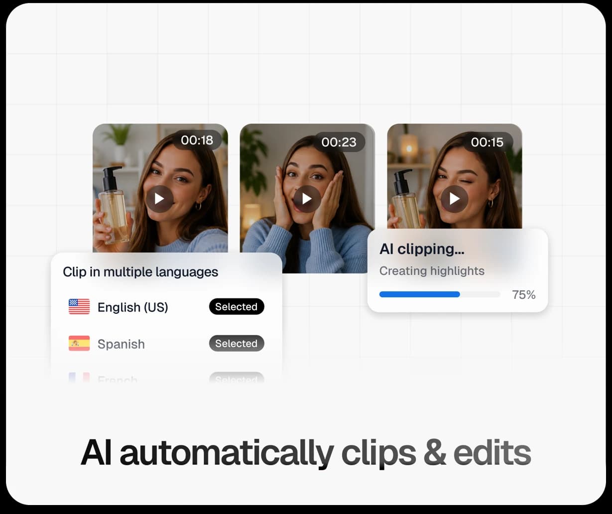 TwinTone cutting a creator's live stream into three short clips, with a clip language picker and an AI clipping progress bar