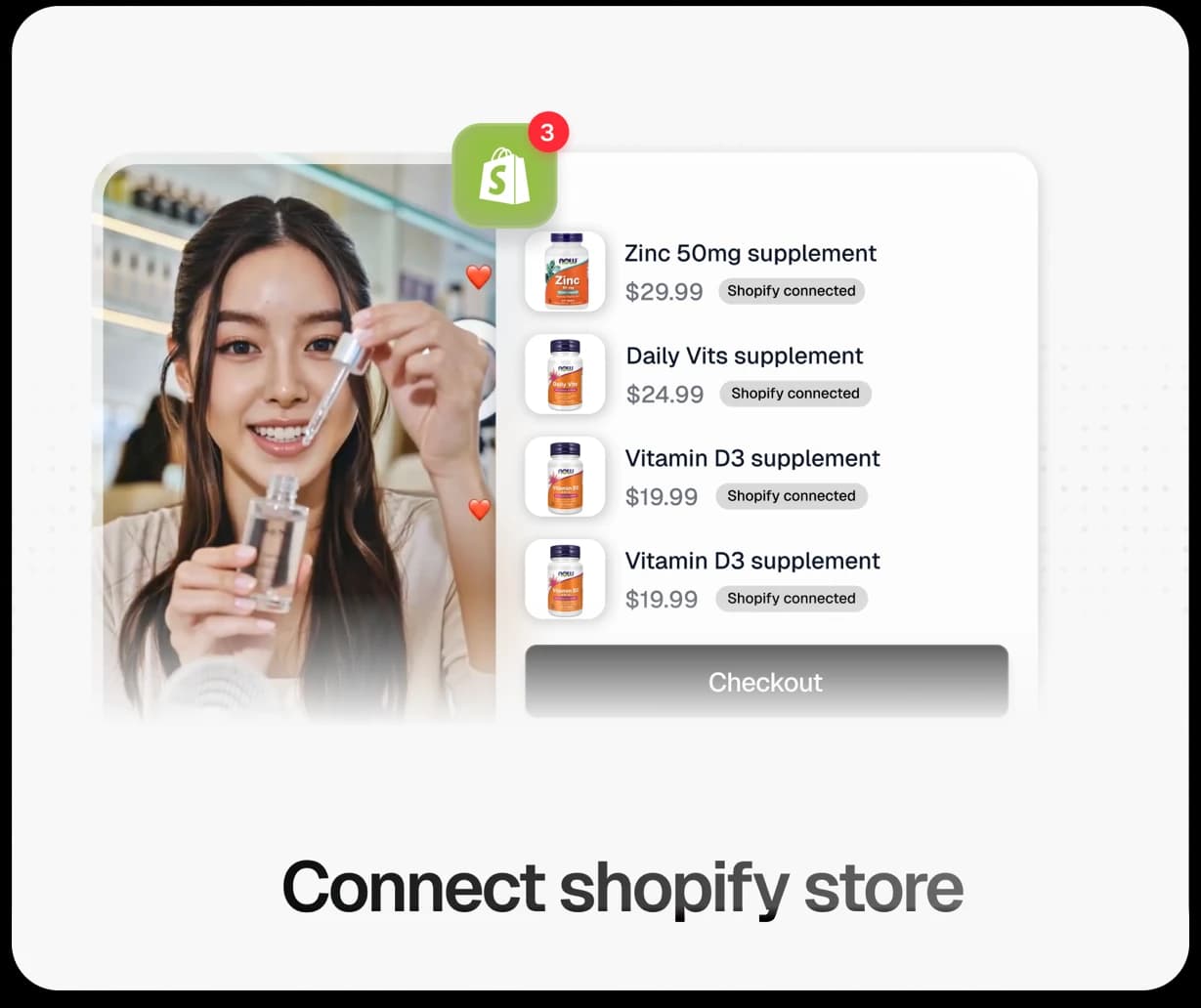 Products synced from a Shopify store into TwinTone, shown beside a creator holding a dropper bottle